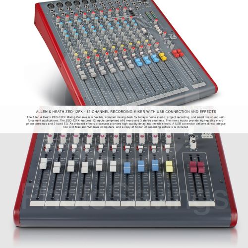  Photo Savings Allen & Heath ZED-12FX 12-Channel Recording Mixer with USB Connection and FX & Accessory Bundle w Closed-Back Headphones + Cables + Fibertique