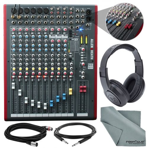  Photo Savings Allen & Heath ZED-12FX 12-Channel Recording Mixer with USB Connection and FX & Accessory Bundle w Closed-Back Headphones + Cables + Fibertique