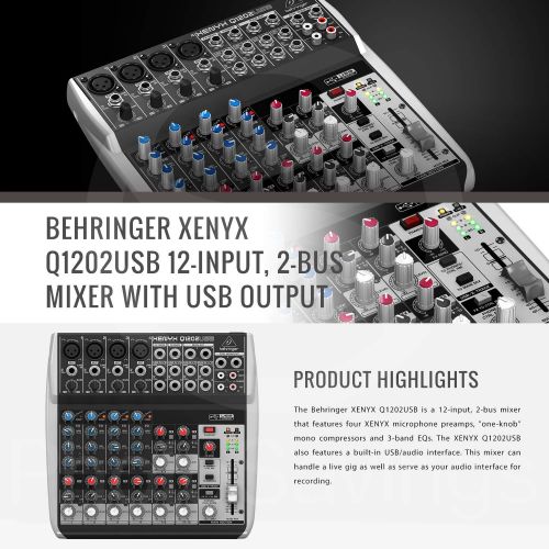  Photo Savings Behringer XENYX Q1202USB 12-Input, 2-Bus Mixer with Microphone and Headphones Platinum Bundle