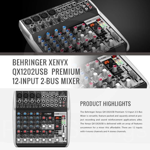  Photo Savings Behringer Xenyx QX1202USB Premium 12-Input 2-Bus Mixer with Xpix Microphone and Assorted Cables Premium Bundle