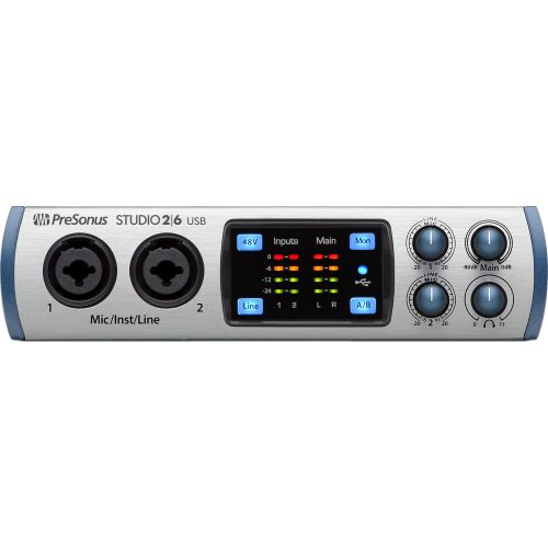  Photo Savings PreSonus Studio 26 2in4out 192 kHz, USB 2.0 AudioMIDI Interface and Deluxe Accessory Bundle w Samson Q6 Mic & SR360 Headophones + Xpix Pro Cables + Mic Stand