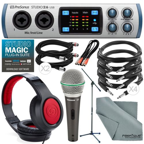  Photo Savings PreSonus Studio 26 2in4out 192 kHz, USB 2.0 AudioMIDI Interface and Deluxe Accessory Bundle w Samson Q6 Mic & SR360 Headophones + Xpix Pro Cables + Mic Stand