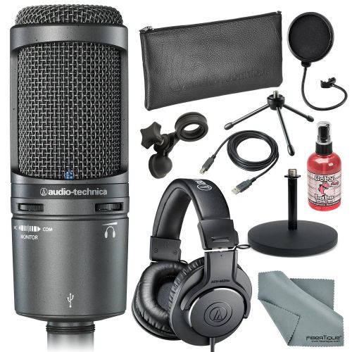  Photo Savings Audio-Technica AT2020USB+ Cardioid Condenser USB Mac & Windows Compatible Microphone Bundle with Headphones + Sanitizer + Cable + Pop Filter + Stand + Fibertique Cloth