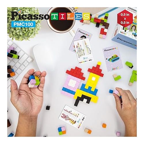  PicassoTiles 0.5” Pixel Magnetic Puzzle Cube 100 Piece Mix & Match Cubes Sensory Toys STEAM Education Learning Building Block Magnets Children Construction Toy Set Stacking Magnet Creative Kit PMC100