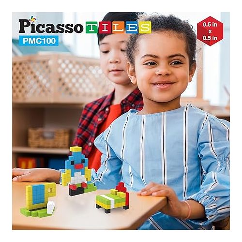  PicassoTiles 0.5” Pixel Magnetic Puzzle Cube 100 Piece Mix & Match Cubes Sensory Toys STEAM Education Learning Building Block Magnets Children Construction Toy Set Stacking Magnet Creative Kit PMC100