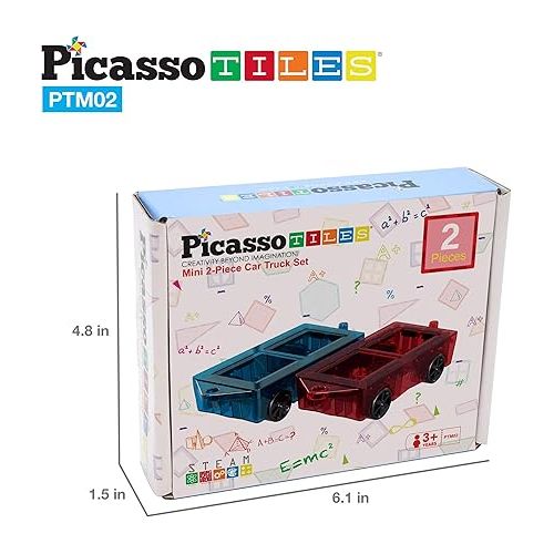  PicassoTiles 2pcs Mini Magnetic Tiles Expansion Car Truck Construction Set, Kids Building Magnet Bricks STEM & Learning Toys, Magnetic Add-ons,Car Toys, Toddler Preschool 3 years and up boys and girls