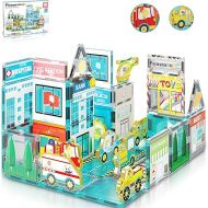 PicassoTiles Magnetic Tiles Building Construction Blocks Metro City Town Pretend Play Toy Set with 8 Magnet Car Vehicle Character Action Figures Preschool STEAM Learning Educational Kit Ages 3+ PTQ14
