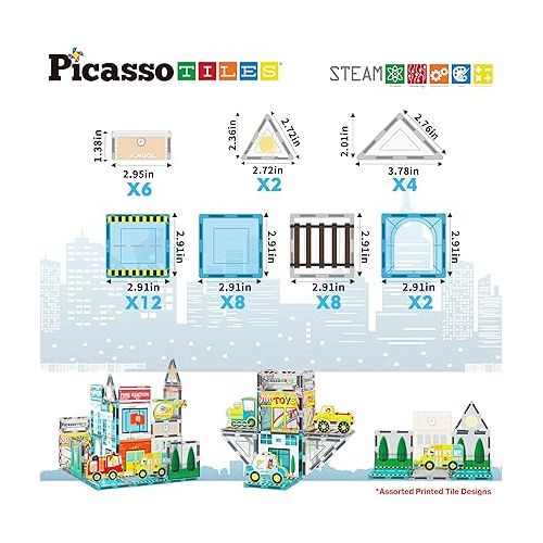  PicassoTiles Magnetic Tiles Building Construction Blocks Metro City Town Pretend Play Toy Set with 8 Magnet Car Vehicle Character Action Figures Preschool STEAM Learning Educational Kit Ages 3+ PTQ14