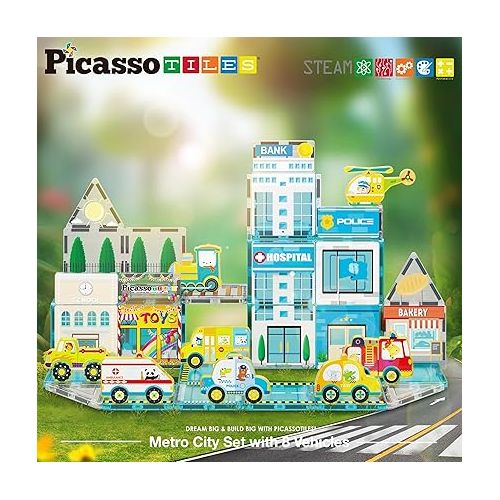  PicassoTiles Magnetic Tiles Building Construction Blocks Metro City Town Pretend Play Toy Set with 8 Magnet Car Vehicle Character Action Figures Preschool STEAM Learning Educational Kit Ages 3+ PTQ14