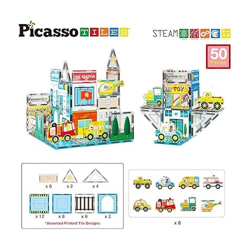  PicassoTiles Magnetic Tiles Building Construction Blocks Metro City Town Pretend Play Toy Set with 8 Magnet Car Vehicle Character Action Figures Preschool STEAM Learning Educational Kit Ages 3+ PTQ14