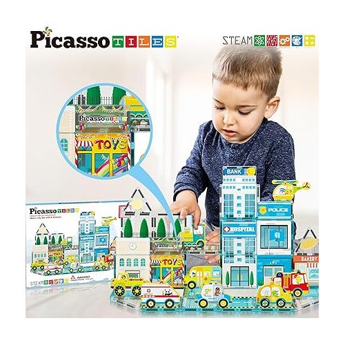  PicassoTiles Magnetic Tiles Building Construction Blocks Metro City Town Pretend Play Toy Set with 8 Magnet Car Vehicle Character Action Figures Preschool STEAM Learning Educational Kit Ages 3+ PTQ14