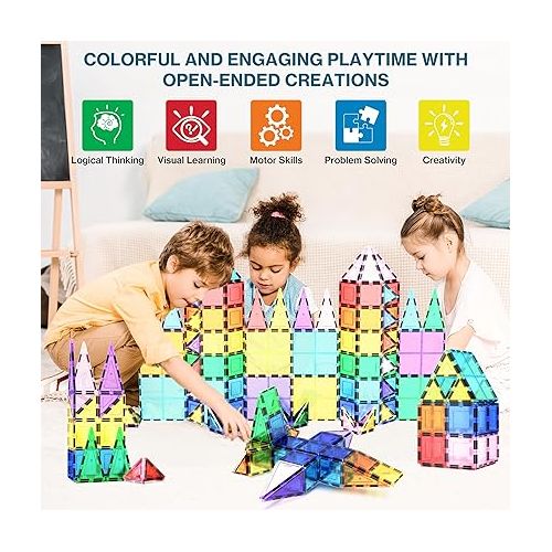  PicassoTiles 100 Piece Set 100pcs Magnet Building Tiles Clear Magnetic 3D Blocks Construction Playboards, Creativity Beyond Imagination, Inspirational, Recreational, Educational Conventional