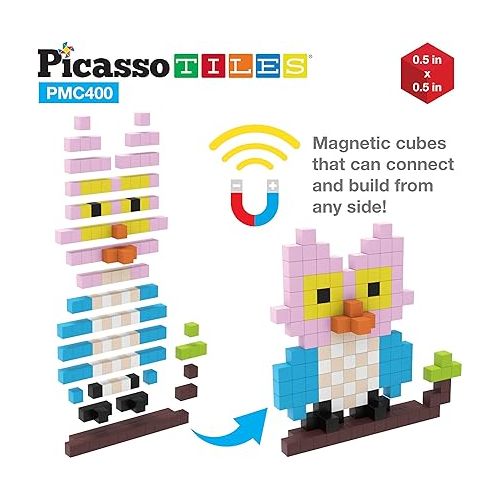  PicassoTiles 0.5” Pixel Magnetic Puzzle Cube 400 Piece Mix & Match Cubes Sensory Toys STEAM Education Learning Building Block Magnets Children Construction Toy Set Stacking Magnet Creative Kit PMC400