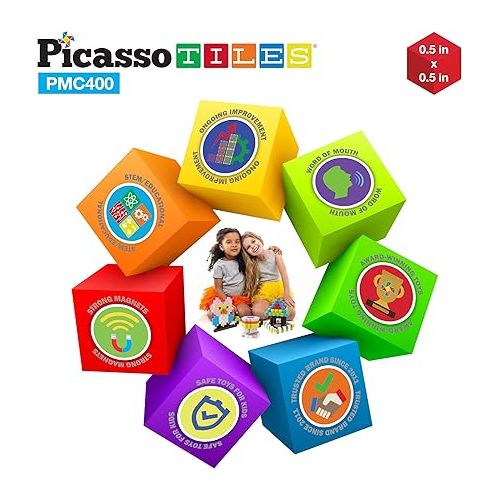  PicassoTiles 0.5” Pixel Magnetic Puzzle Cube 400 Piece Mix & Match Cubes Sensory Toys STEAM Education Learning Building Block Magnets Children Construction Toy Set Stacking Magnet Creative Kit PMC400