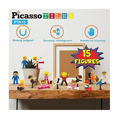  PicassoTiles 15-Piece Magnetic Character Action Figures Add-on Set for Construction Building Block Tiles