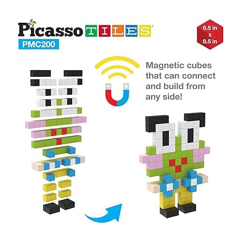  PicassoTiles 0.5” Pixel Magnetic Puzzle Cube 200 Piece Mix & Match Cubes Sensory Toys STEAM Education Learning Building Block Magnets Children Construction Toy Set Stacking Magnet Creative Kit PMC200