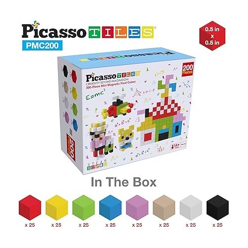  PicassoTiles 0.5” Pixel Magnetic Puzzle Cube 200 Piece Mix & Match Cubes Sensory Toys STEAM Education Learning Building Block Magnets Children Construction Toy Set Stacking Magnet Creative Kit PMC200