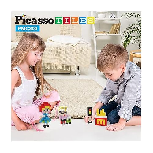  PicassoTiles 0.5” Pixel Magnetic Puzzle Cube 200 Piece Mix & Match Cubes Sensory Toys STEAM Education Learning Building Block Magnets Children Construction Toy Set Stacking Magnet Creative Kit PMC200