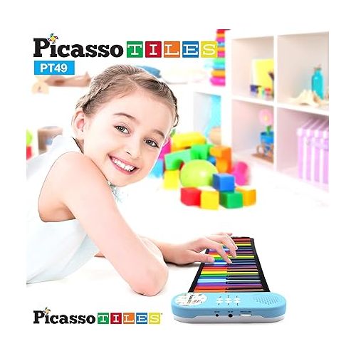  PicassoTiles® PT49 Kid's 49-Key Flexible Roll-Up Educational Electronic Digital Music Piano Keyboard w/Recording Feature, 8 Different Tones, 6 Educational Demo Songs & Build-in Speaker - Rainbow