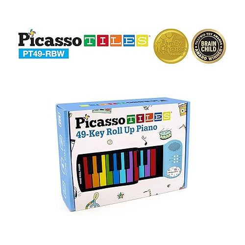  PicassoTiles® PT49 Kid's 49-Key Flexible Roll-Up Educational Electronic Digital Music Piano Keyboard w/Recording Feature, 8 Different Tones, 6 Educational Demo Songs & Build-in Speaker - Rainbow