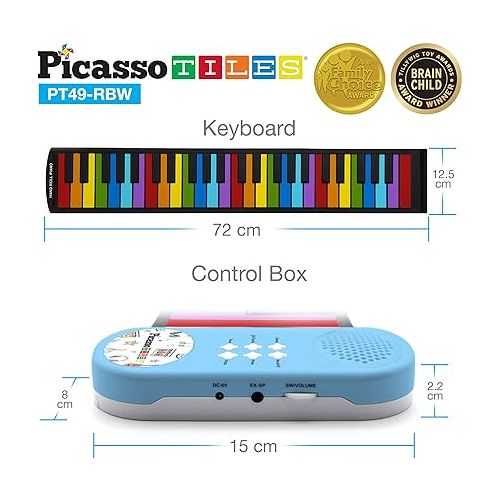  PicassoTiles® PT49 Kid's 49-Key Flexible Roll-Up Educational Electronic Digital Music Piano Keyboard w/Recording Feature, 8 Different Tones, 6 Educational Demo Songs & Build-in Speaker - Rainbow