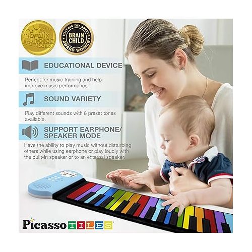  PicassoTiles® PT49 Kid's 49-Key Flexible Roll-Up Educational Electronic Digital Music Piano Keyboard w/Recording Feature, 8 Different Tones, 6 Educational Demo Songs & Build-in Speaker - Rainbow