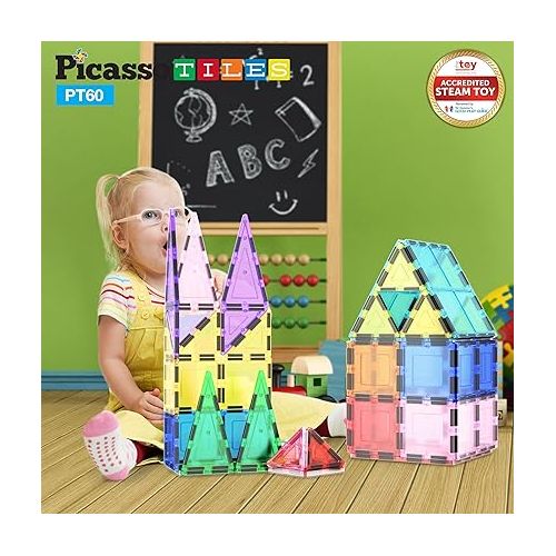  PicassoTiles Magnetic Tiles 60pcs Kids Toys Classroom Sensory Toy for Toddlers STEM Learning Building Blocks, Montessori Pretend Play Magnet Tile Construction Stacking Block Boys Girls Ages 3+ PT60