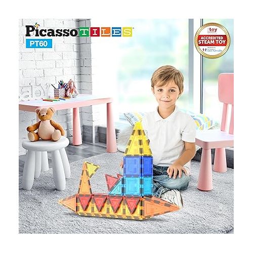  PicassoTiles Magnetic Tiles 60pcs Kids Toys Classroom Sensory Toy for Toddlers STEM Learning Building Blocks, Montessori Pretend Play Magnet Tile Construction Stacking Block Boys Girls Ages 3+ PT60