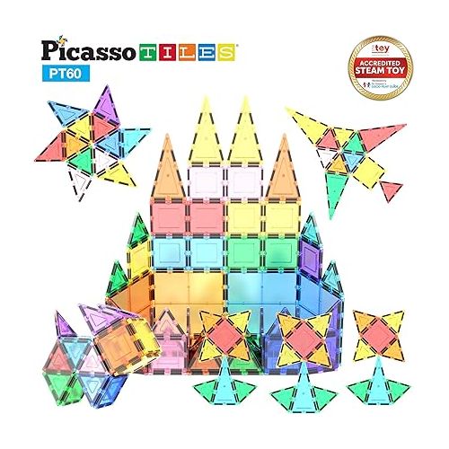  PicassoTiles Magnetic Tiles 60pcs Kids Toys Classroom Sensory Toy for Toddlers STEM Learning Building Blocks, Montessori Pretend Play Magnet Tile Construction Stacking Block Boys Girls Ages 3+ PT60