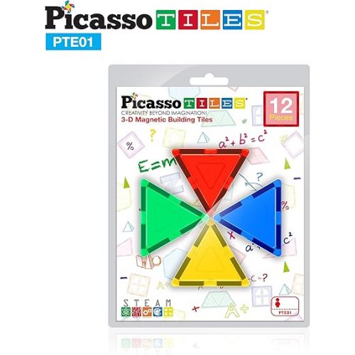  PicassoTiles 12pc Magnetic Building Block Set Equilateral Triangle Magnet Tiles Construction Toy STEM Learning Kit Educational Playboards Pretend Play Stacking Blocks Child Brain Development PTE01