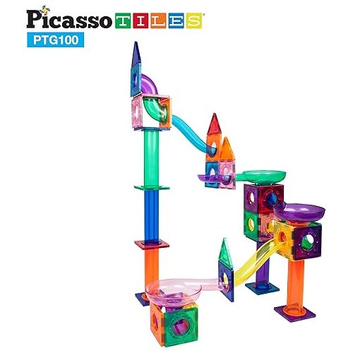  PicassoTiles Marble Run 100 Piece Magnetic Tile Race Track Toy Play Set STEM Building & Learning Educational Magnet Construction Child Brain Development Kit Boys Girls Age 3 4 5 6 7 8+ Years Old Toys