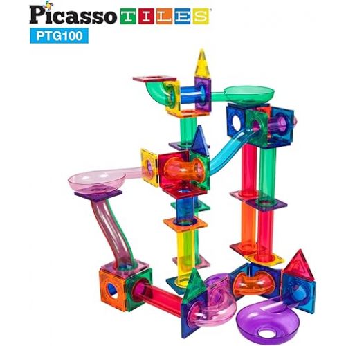  PicassoTiles Marble Run 100 Piece Magnetic Tile Race Track Toy Play Set STEM Building & Learning Educational Magnet Construction Child Brain Development Kit Boys Girls Age 3 4 5 6 7 8+ Years Old Toys