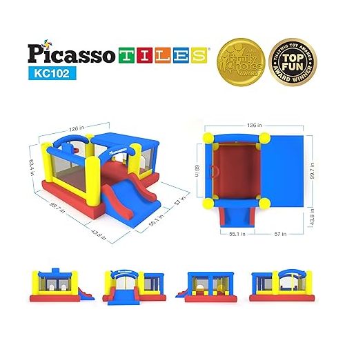  [Upgrade Version] PicassoTiles KC102 12x10 Foot Inflatable Bouncer Jumping Bouncing House, Jump Slide, Dunk Playhouse w/Basketball Rim, 4 Sports Balls, Full-Size Entry, 580W ETL Certified Blower