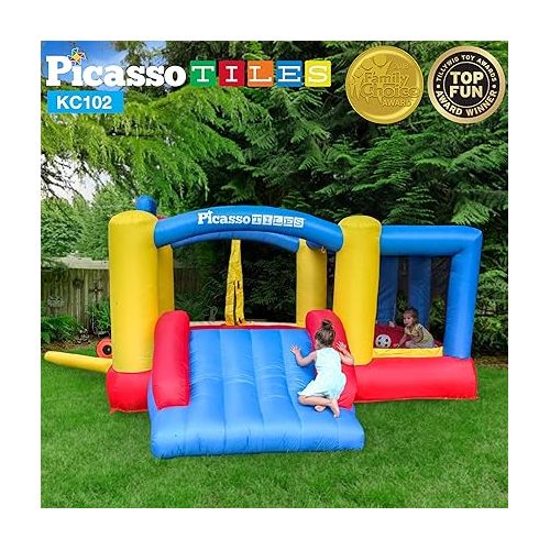  [Upgrade Version] PicassoTiles KC102 12x10 Foot Inflatable Bouncer Jumping Bouncing House, Jump Slide, Dunk Playhouse w/Basketball Rim, 4 Sports Balls, Full-Size Entry, 580W ETL Certified Blower