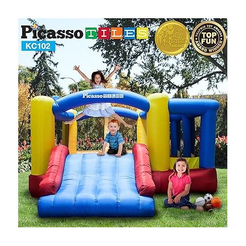  [Upgrade Version] PicassoTiles KC102 12x10 Foot Inflatable Bouncer Jumping Bouncing House, Jump Slide, Dunk Playhouse w/Basketball Rim, 4 Sports Balls, Full-Size Entry, 580W ETL Certified Blower