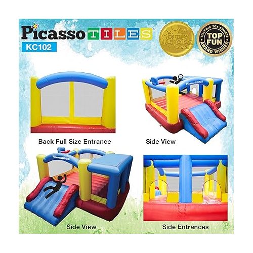  [Upgrade Version] PicassoTiles KC102 12x10 Foot Inflatable Bouncer Jumping Bouncing House, Jump Slide, Dunk Playhouse w/Basketball Rim, 4 Sports Balls, Full-Size Entry, 580W ETL Certified Blower