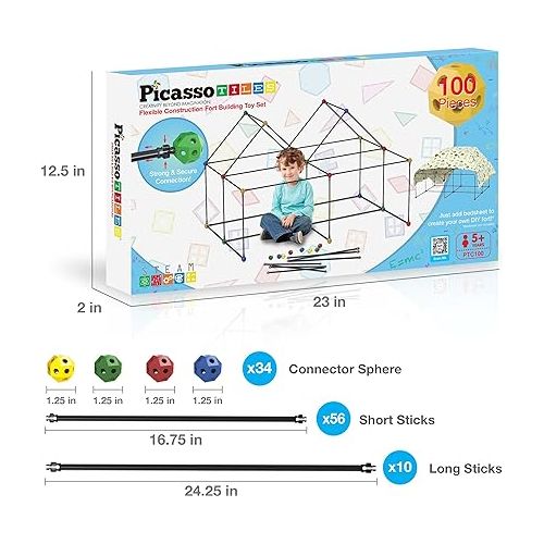  PicassoTiles Kids Fort Building Kit Playset 100 Piece Indoor and Outdoor Toy Set Fort Construction Builders Blocks Toys for Kids Boys Girls STEM Learning Castle System Tunnel Tent Rocket Pretend Play