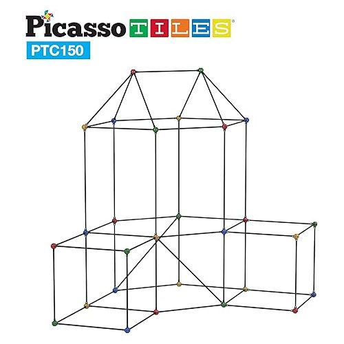  PicassoTiles Kids Fort Building Kit Playset 150 Piece Indoor and Outdoor Toy Set Forts Construction Builders Blocks Toys Children Boys Girls STEM Learning Castle System Tunnel Tent Rocket Pretend Play