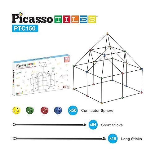  PicassoTiles Kids Fort Building Kit Playset 150 Piece Indoor and Outdoor Toy Set Forts Construction Builders Blocks Toys Children Boys Girls STEM Learning Castle System Tunnel Tent Rocket Pretend Play