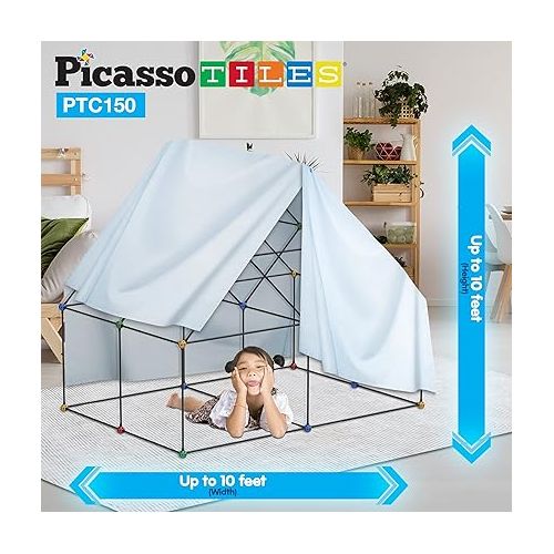  PicassoTiles Kids Fort Building Kit Playset 150 Piece Indoor and Outdoor Toy Set Forts Construction Builders Blocks Toys Children Boys Girls STEM Learning Castle System Tunnel Tent Rocket Pretend Play