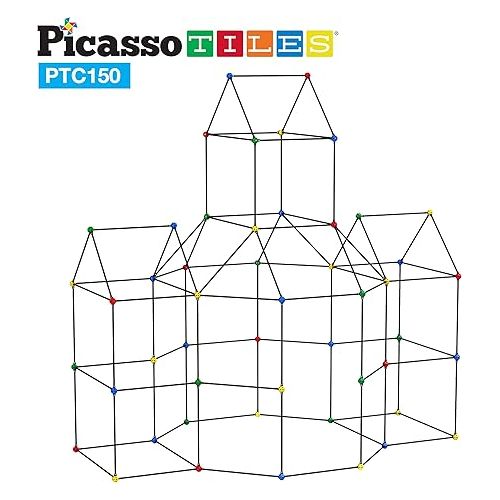  PicassoTiles Kids Fort Building Kit Playset 150 Piece Indoor and Outdoor Toy Set Forts Construction Builders Blocks Toys Children Boys Girls STEM Learning Castle System Tunnel Tent Rocket Pretend Play