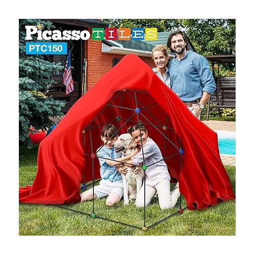  PicassoTiles Kids Fort Building Kit Playset 150 Piece Indoor and Outdoor Toy Set Forts Construction Builders Blocks Toys Children Boys Girls STEM Learning Castle System Tunnel Tent Rocket Pretend Play