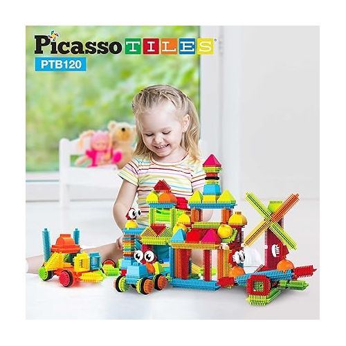  PicassoTiles 120pcs Hedgehog Interlocking Building Blocks Tiles Construction Toy Set Learning Playset STEAM Development Preschool Kindergarten Toy for Kids Age3+ PTB120