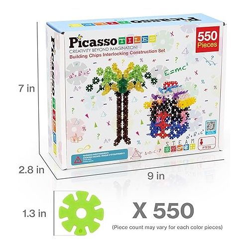  PicassoTiles 550 Piece Building Chips Interlocking Construction Toys Creative Disc Block Toy Kit 3D Stacking Puzzle STEM Learning Early Education for Preschool Montessori Kids Boys Girls Age 3 PTF55