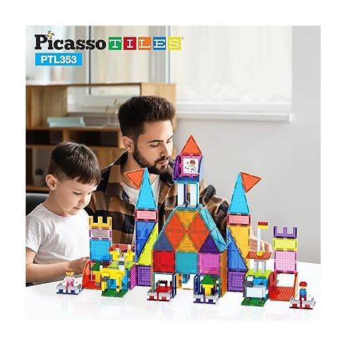 PicassoTiles 353pcsMagnetic Brick Tile and Magnetic Tile Combo Set, Action Figures included, Building Blocks STEM Toys, Educational Montessori Preschool Toddler classroom learning toys, Kids activity