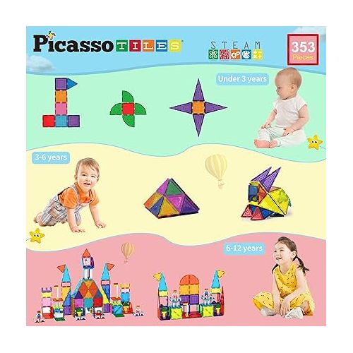  PicassoTiles 353pcsMagnetic Brick Tile and Magnetic Tile Combo Set, Action Figures included, Building Blocks STEM Toys, Educational Montessori Preschool Toddler classroom learning toys, Kids activity