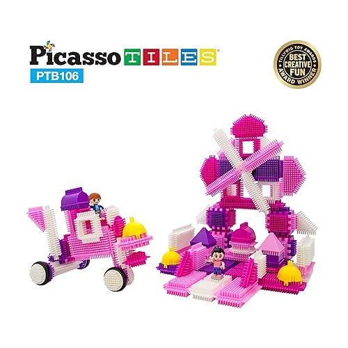  Picasso Toys PTB106 106pcs Hedgehog Block Building Blocks Tiles Pink Castle Theme Set w/Human Figures Learning Playset STEM Toy Set Educational Kit Child Brain Development Preschool Kindergarten Toy