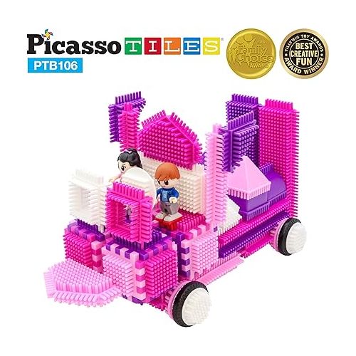  Picasso Toys PTB106 106pcs Hedgehog Block Building Blocks Tiles Pink Castle Theme Set w/Human Figures Learning Playset STEM Toy Set Educational Kit Child Brain Development Preschool Kindergarten Toy