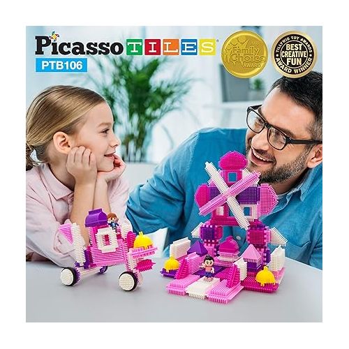  Picasso Toys PTB106 106pcs Hedgehog Block Building Blocks Tiles Pink Castle Theme Set w/Human Figures Learning Playset STEM Toy Set Educational Kit Child Brain Development Preschool Kindergarten Toy