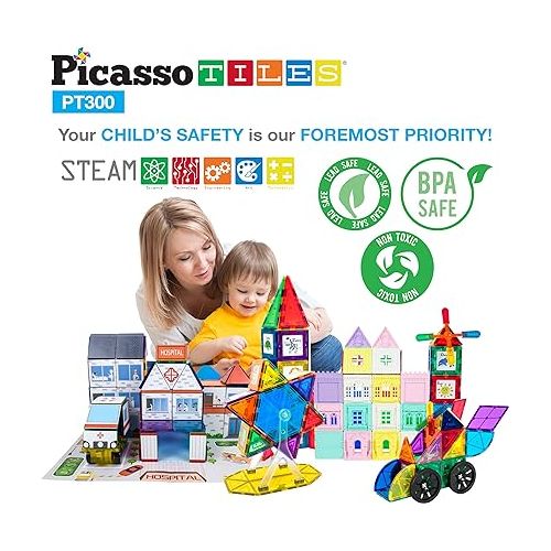  PicassoTiles Master Builder Magnetic Early Educational Toy Building Block Kit with 3 in 1 Playboard for Kid,Baby Ages 3 and Up, STEM Construction with School, Bus, Hospital, Police Station, 300 Piece
